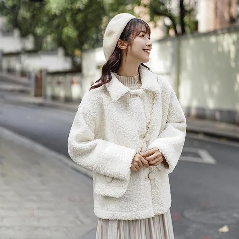 White Sweet Faux Lamb Wool Jacket Women Plus Velvet Thick Autumn and Winter Loose Sweater Warm Cardigan Jacket Casual Jacket