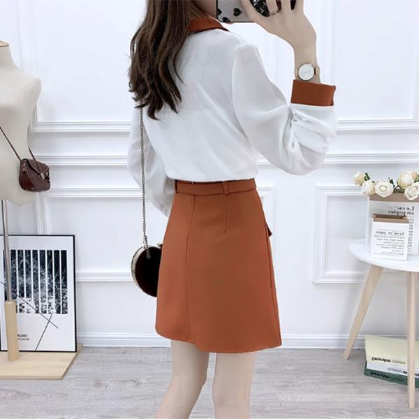 Women's Long-sleeved Chiffon Shirt High-waisted A-line Skirt 2 Pieces Set Spring Summer Splicing Color Breathable Cool Short Skirt Suit