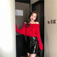 Ladies Sexy Off-shoulder Sweater One-shoulder Split Cross Color Matching  Knitted Sweater Thick Pullover Sweater Autumn Winter