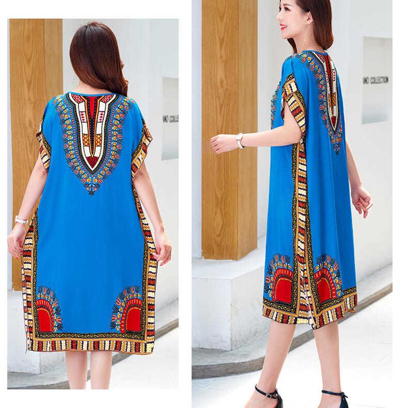 Summer Ethnic Print Dress Round Neck Cotton and Linen short  Sleeve Loose Mid-length Vest Skirt Daily Thin