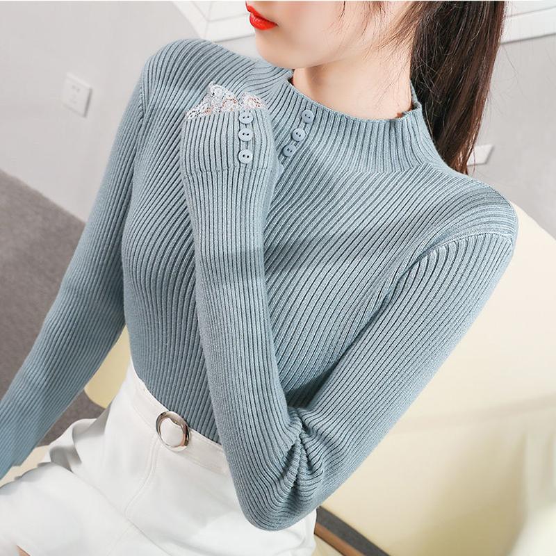 Slim All-match Knit Sweater Bottoming Top Half High Collar Lace Sleeve Button Sweater Women's Inner Wear Autumn and Winter