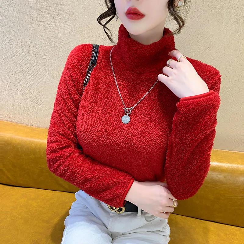 Double Sided Coral Fleece Turtleneck Bottoming Shirt Winter Fashion Warm Plush Top Solid Color Women's Pullover