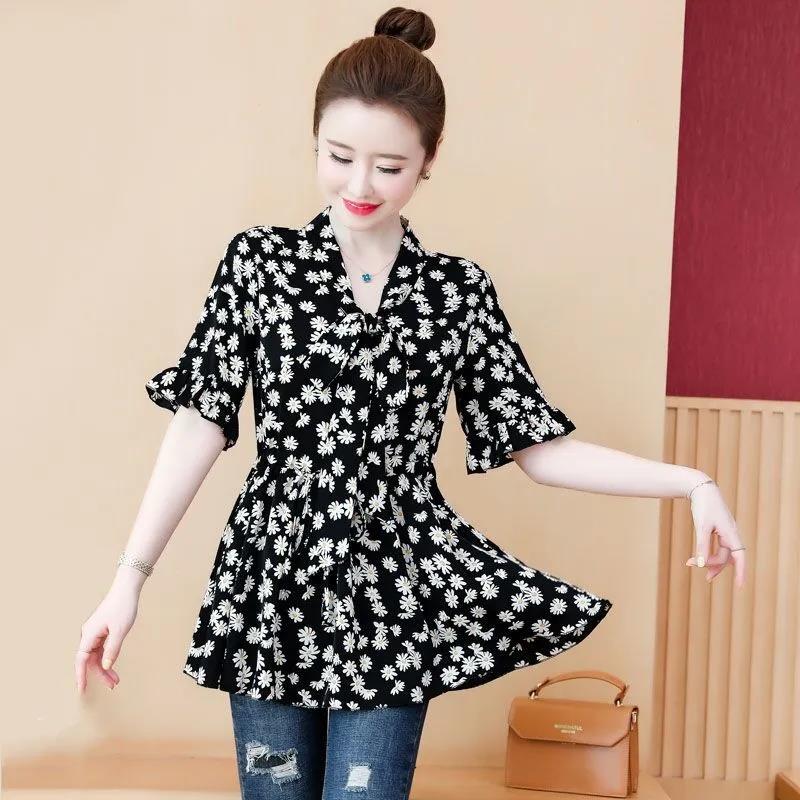 Large Size Chiffon Shirt Women's Spring and Autumn Waist Mid-length Small Daisy Long-sleeved Shirt Top