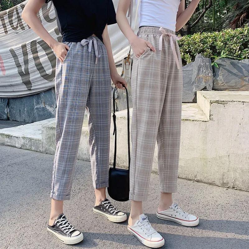 Spring and Summer Korean Version of Casual Harem Pants Girls Loose Nine-point Pants Slim Straight Plaid Pants