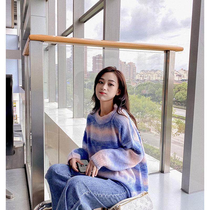Japanese Color Sweater Women Loose Casual Pullover Rainbow Stripe Schoolgirl Knit Sweater
