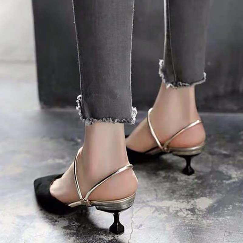 Summer High Heels Female Pointed Toe Stiletto Heel Wild Mid-heel Black Cat Heel Sandals and Slippers Women