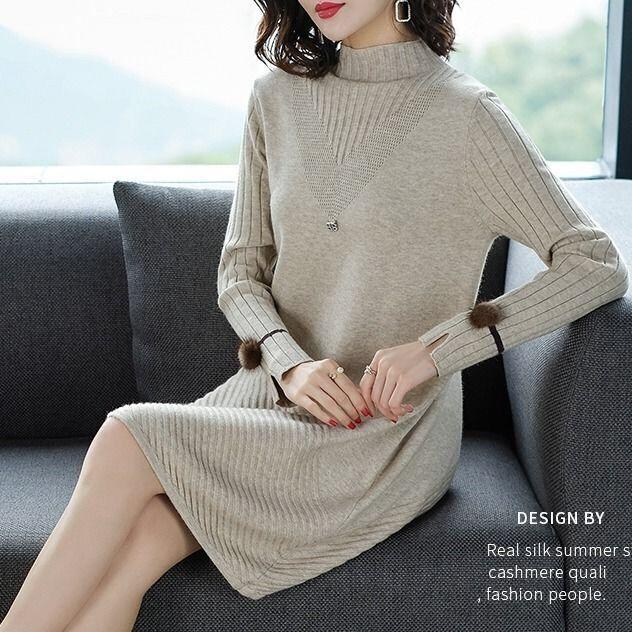 Autumn and Winter Long Thick A-line Knitted Dress Women Loose Pullover Sweater Dress Bottoming Wool Sweater