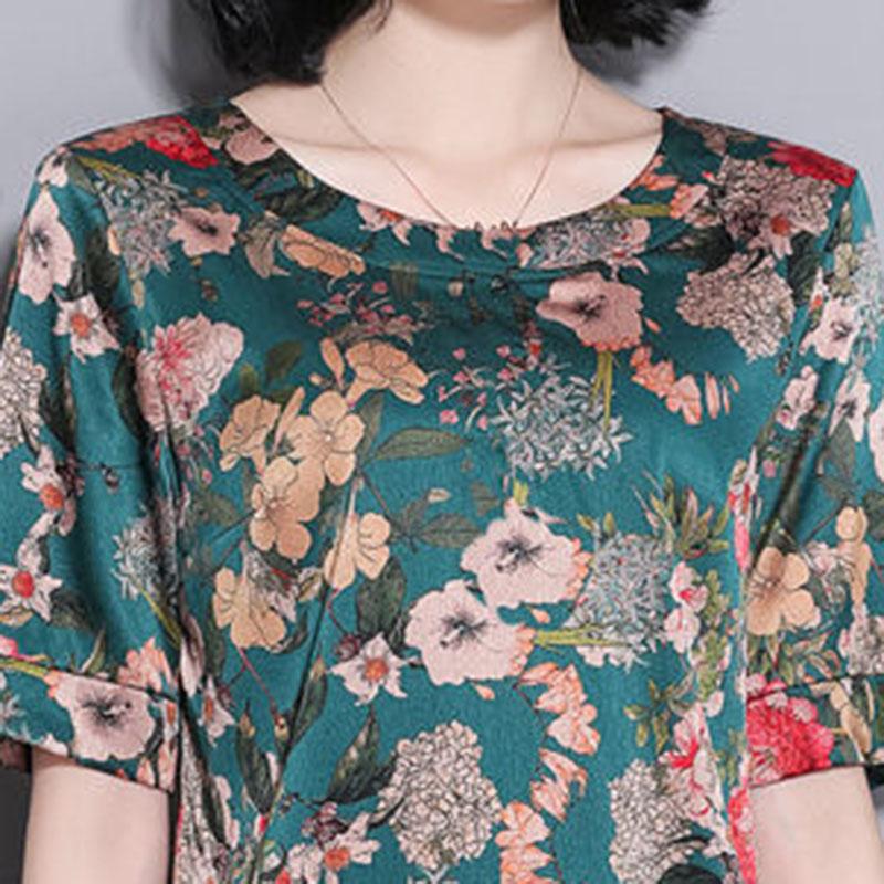 Women's Round Neck Top Summer Print Versatile Ice Silk Loose Short Sleeves