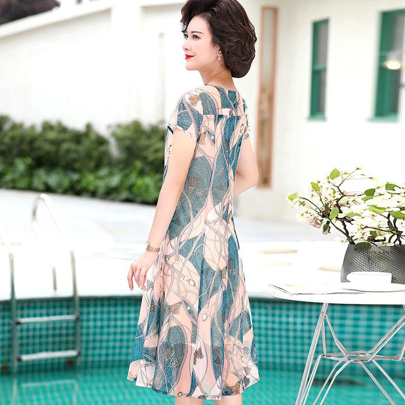 Women's Summer Dress Middle-aged Mother Chiffon Veil Short Sleeve Round Neck Printing Mid-length Daily Wear