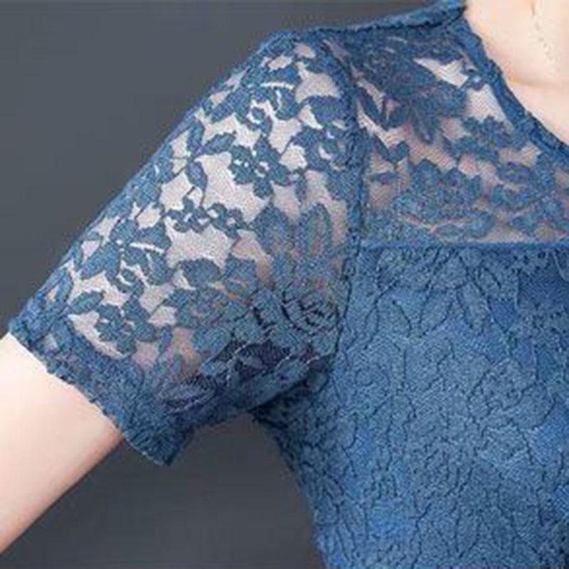 Women's Summer Short Sleeve Lace Dress Loose Round Neck A-Line Skirt