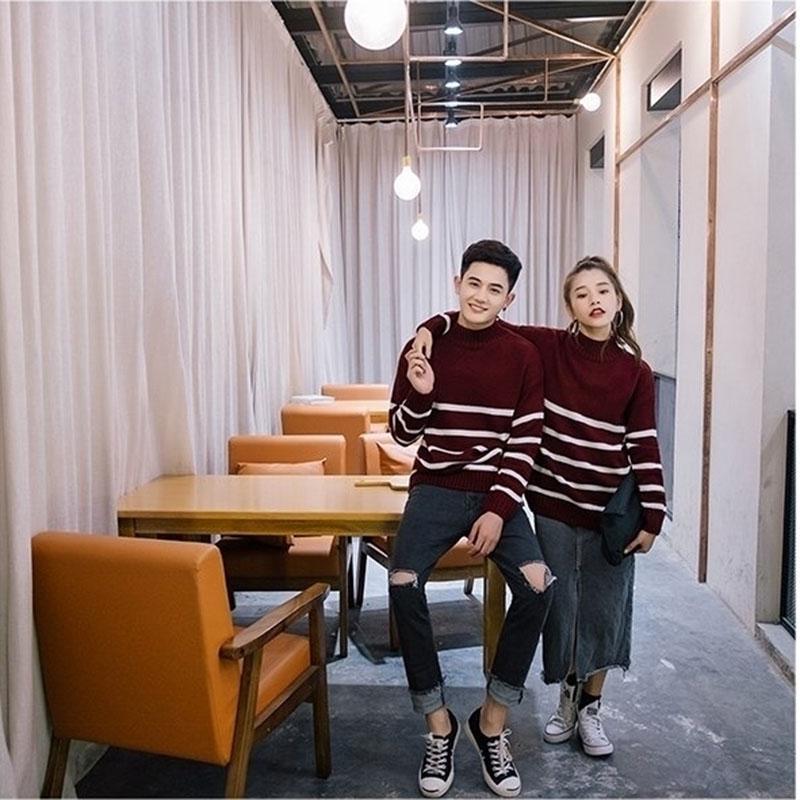 Autumn and Winter Casual Sweater Striped Pattern Loose Top Men and Women Half High Neck Lover's clothes