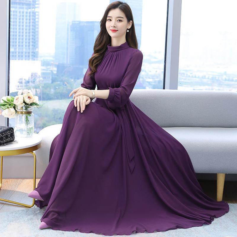 Chiffon Long Sleeve Dress for Women Spring Autumn Large Size Pure Color Fairy Temperament Over The Knee Beach Large Swing Dress Women