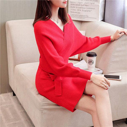 Autumn and Winter Mid-length Sweater Fashion V-neck Jacket Bat Sleeve Young Women Knitted Skirt