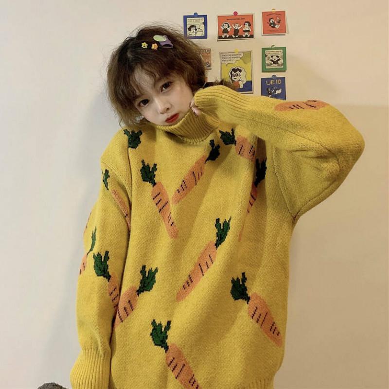 Pofulove Korean Turtleneck Color-matching Sweater Female Loose Pattern Wild Sweater Autumn Winter