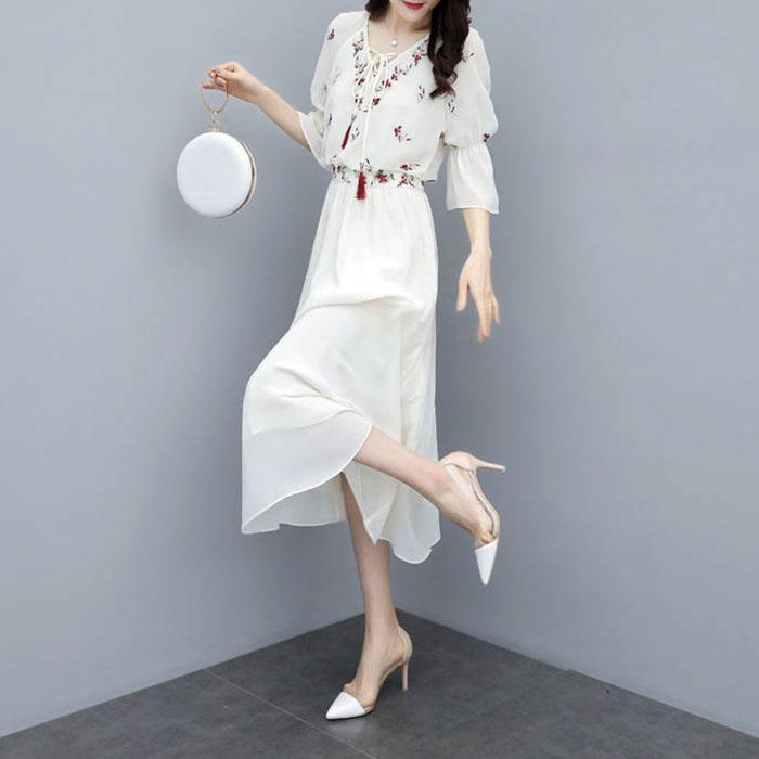 Pofulove XS-3XL Women Floral Chiffon Dress Office Lady Slim Short-sleeved V-neck A-line Beach Dress