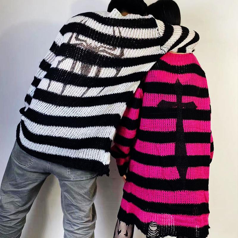 Punk Gothic Long Sweater Dress Plus Size Hollow Out Hole Destroy Pullover Jumper New Oversized Hip Hop Harajuku Striped Sweaters Hip Hop Streetwear