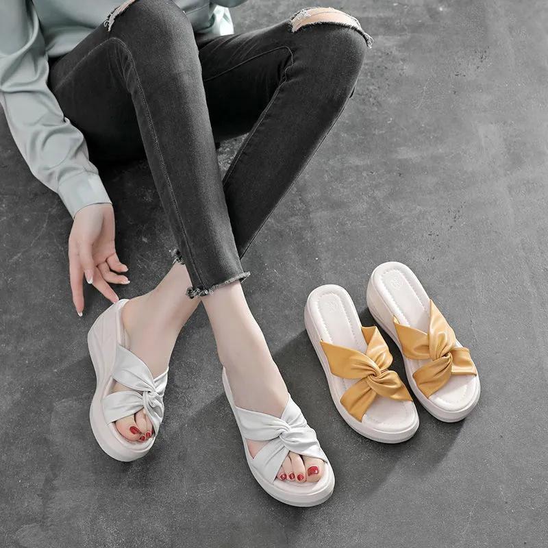 Wedge Heel Slippers Women's Platform Sandals Cross Bow Summer All-match PU Shoes High Heel Flip Flops Vintage Temperament Slippers Casual Beach Wear