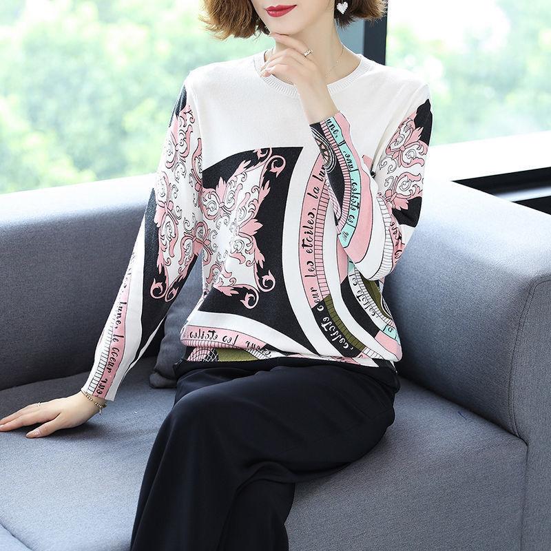 Ethnic Style Plus Size Printed Wool Sweater Ladies Thin Knit Bottoming Sweater O-neck Short Cashmere Sweater Jumper