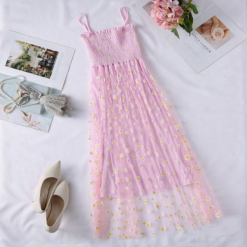 Mesh High Waist Small Daisy Suspender Skirt Small Fresh Dress Literary Retro Sweet First Love Dress Sleeveless Fairy Dress
