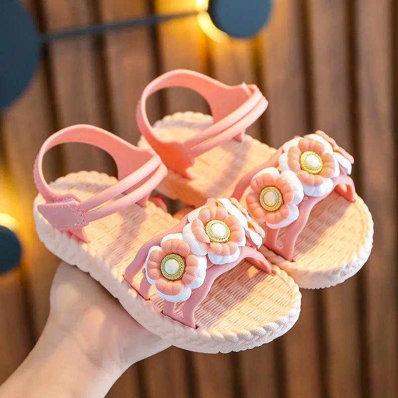 Kids Sandals Girls Summer Sandals Soft Sole Casual Sandals Anti-slip Beach Flowers Flat Open Toe Sandals