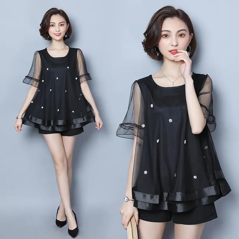 Women's Summer Plus Size Short Sleeve Top Mesh Loose Versatile V-Neck T-Shirt