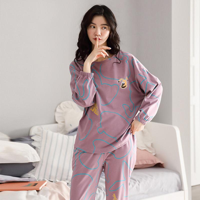 Women Cotton Pajamas Set Cartoon Cute Female Pyjamas Suit Long Sleeve Sleepwear Tops and Pants Sets Home Wear Casual Loose Pullover Nightwear