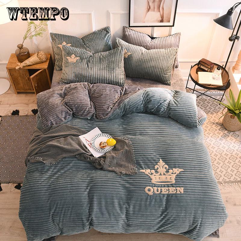 Fleece Fabric Bedding Sets Queen King Size Stripe Bed Duvet Cover Bed Sheets Linen Set Winter