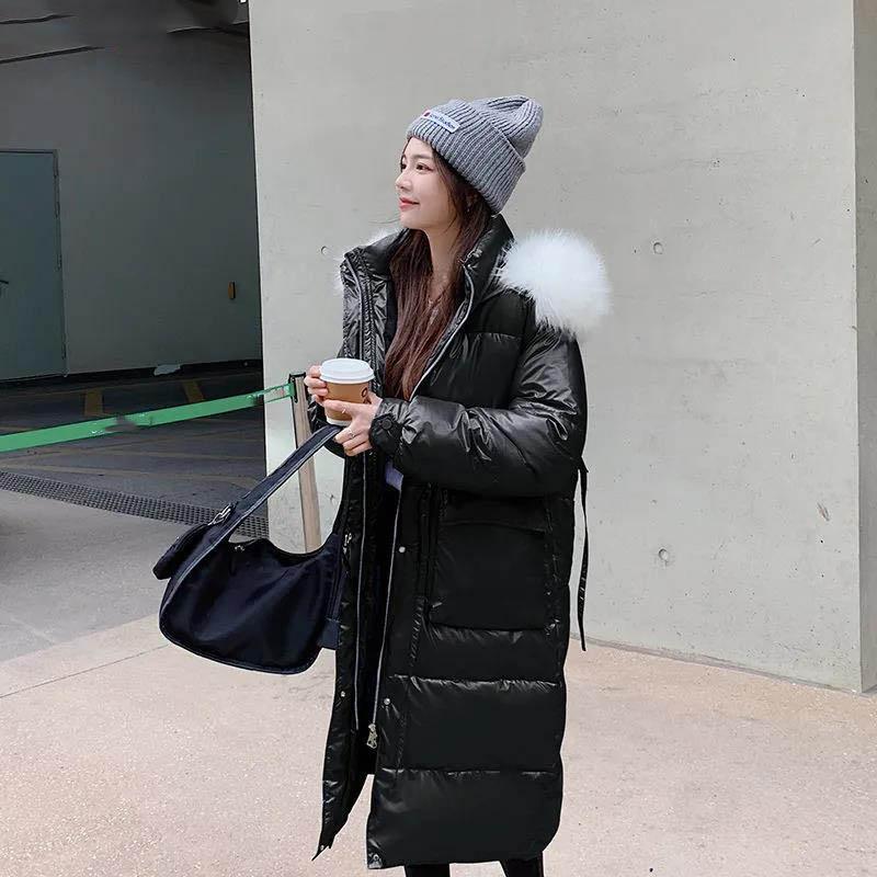 Disposable Bright Face Down Padded Jacket Women's Mid-length Over-the-knee Winter Loose and Thick Large Fur Collar Cotton-padded Jacket