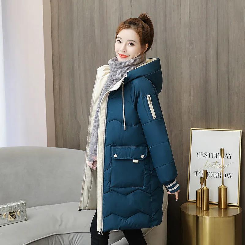 Down Cotton Jacket Winter Thicken Warm Loose Fashion Color Glossy Disposable Stand Collar Mid-length Cotton Jacket Women