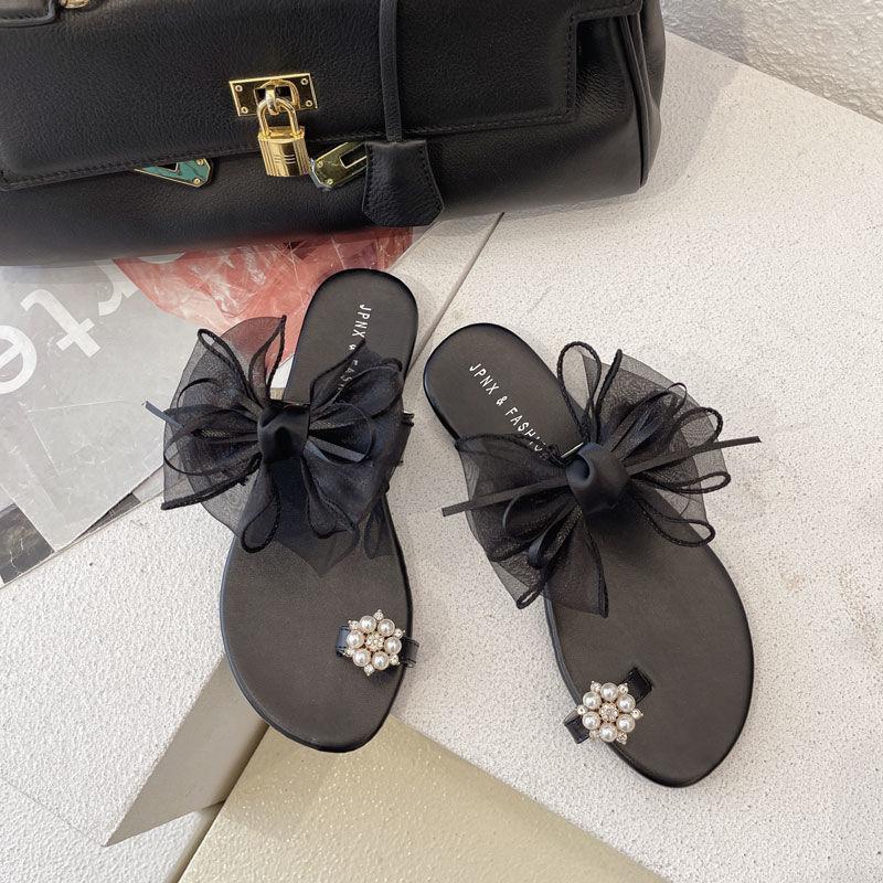 Fairy Slippers Japanese Sweet Mesh Bowknot Rhinestone Pearl Lace Set Toe Flat Beach Sandals