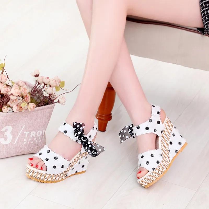 Women's Summer Wave Point Bow Ribbon Platform Sandals Thick Bottom Waterproof Wedge Open Toe Shoes Mesh Fish Mouth Outer Wear All-match Sandals