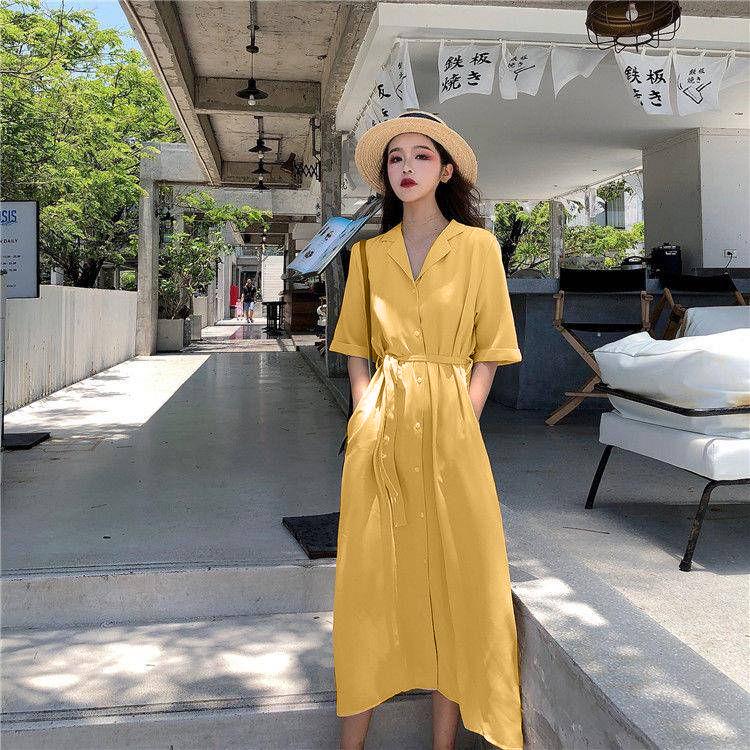 Casual Sashes A Line Women Dress Ladies Lapel Party Dress Summer Elegant Long Dress Shirt Dress