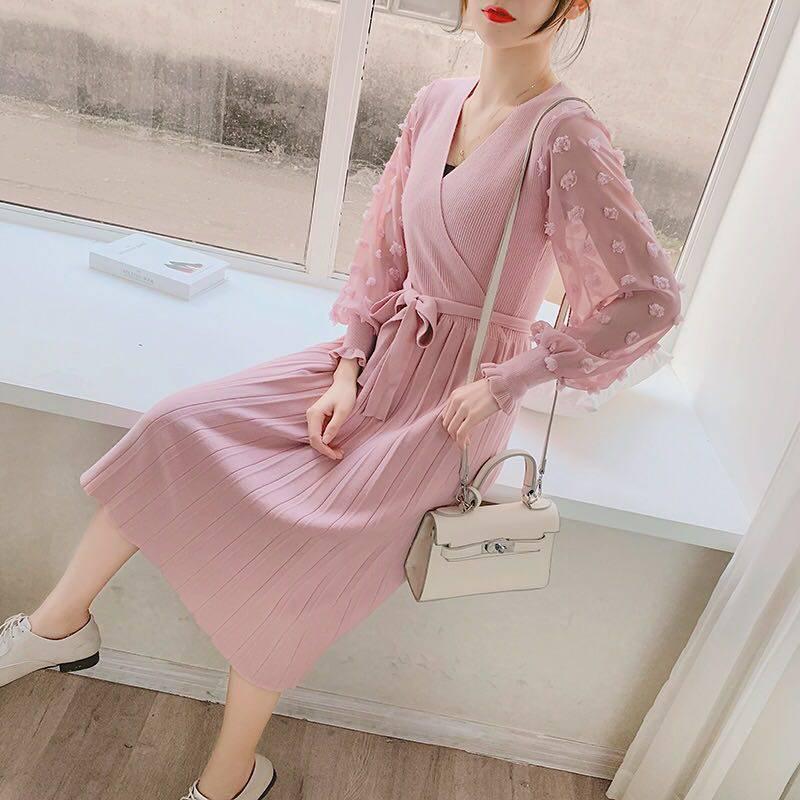Pofulove 4 Colors Knitted Elegant Sweater Dress Long V-neck Flower Chiffon Cuffs Pullover Skirt