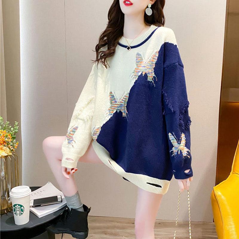 Autumn and Winter Loose Round Neck Bottoming Shirt Pullover Casual Knitted Jacket Hit Color All-match Female Sweater