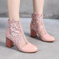 Spring  Summer Women's Boots  Leather High-heeled Mesh Short Boots Thick with All-match Pointed Toe Single Boots  Lace Hollow Pink Mesh Boots