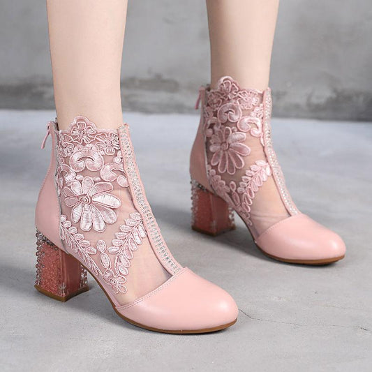 Spring  Summer Women's Boots  Leather High-heeled Mesh Short Boots Thick with All-match Pointed Toe Single Boots  Lace Hollow Pink Mesh Boots