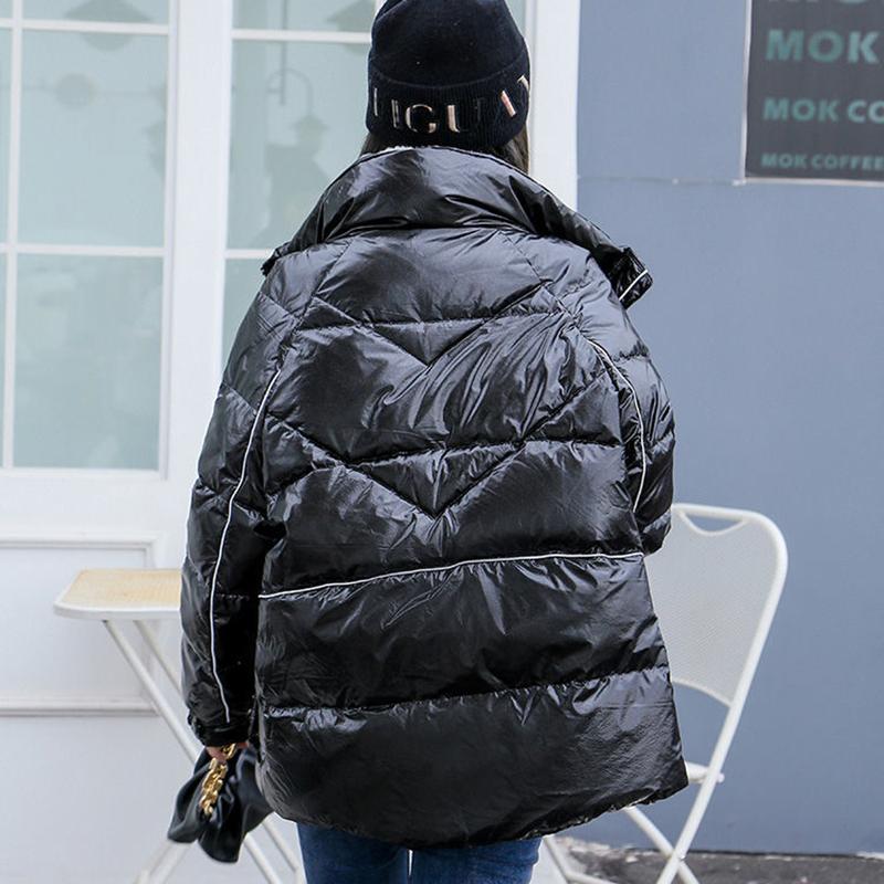 Women's Shiny Mid-length Down Jacket Winter Korean Style Loose Coat Warm Stand-collar Down Jacket