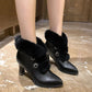 Winter Plush Velvet High-heeled Cotton Boots Thick-heeled Korean Women's Boots with Rhinestone Heel Buckle Shoes