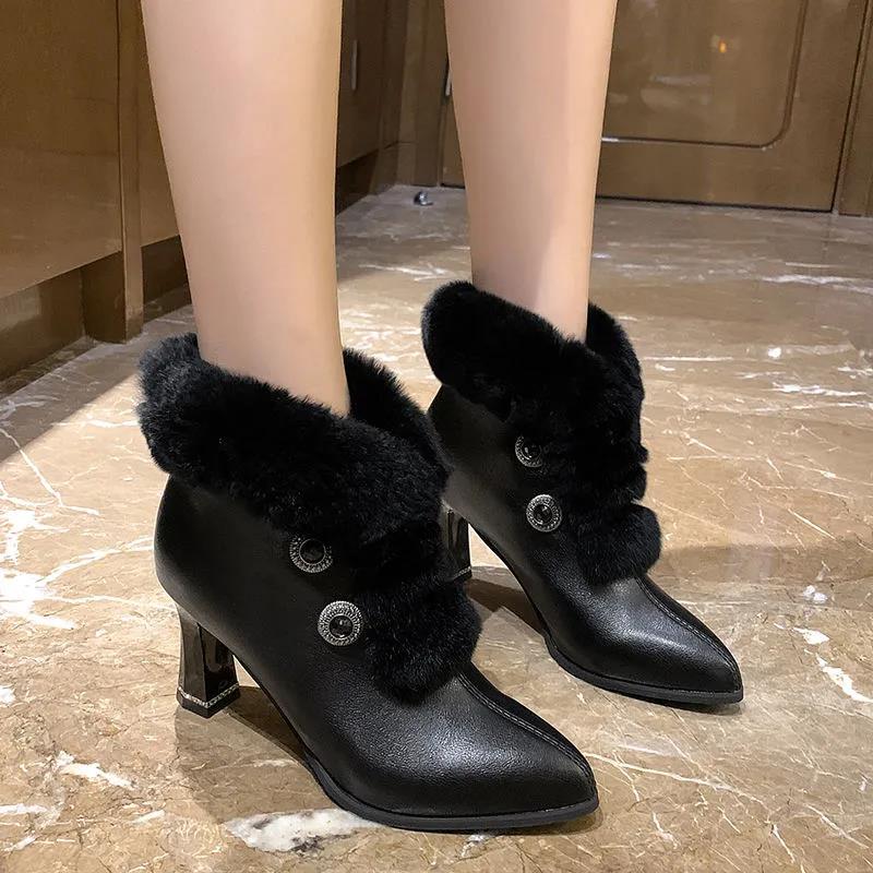Winter Plush Velvet High-heeled Cotton Boots Thick-heeled Korean Women's Boots with Rhinestone Heel Buckle Shoes