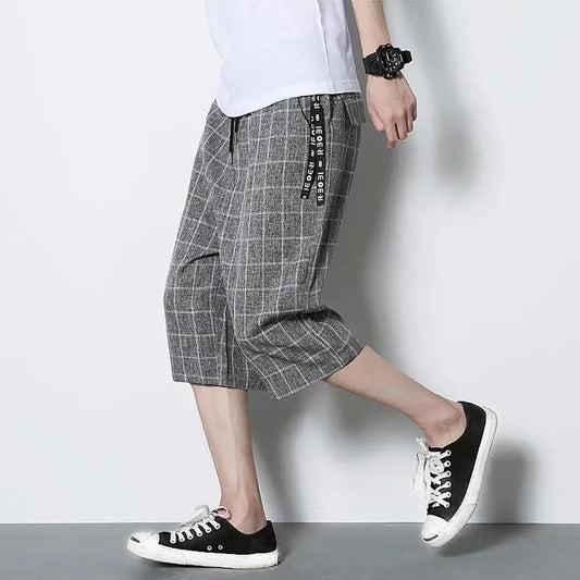 Cropped Pants Men's Summer Thin Section Plaid Shorts Korean Version of The Trend Straight Casual Pants Plus Size Fat Sports Pants