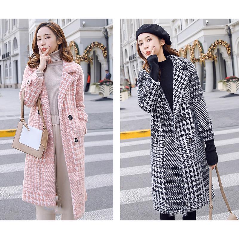 Women's Jackets & Coats Medium-long Plaid Wool & Blends Coat Turn-down Collar Pockets Parka