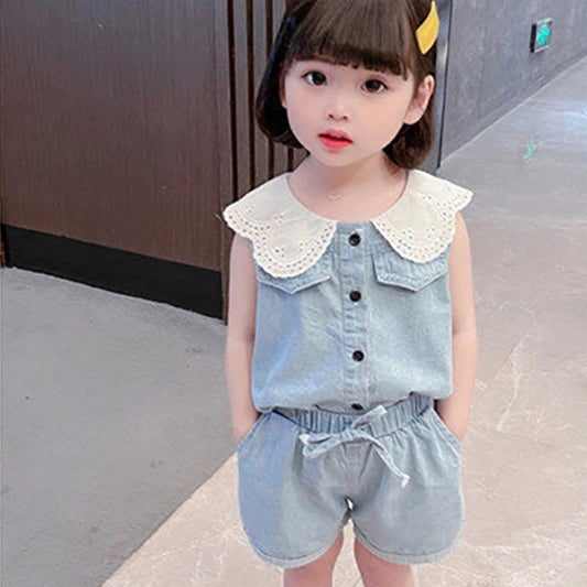 2PCS Children Clothing Set Spring Summer Girls Suits Solid Color Sleeveless Tops + Pants Clothing Set