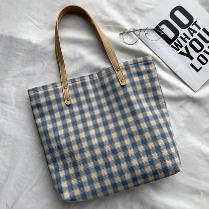 Large-capacity Plaid Bag Women Canvas Bags Travel Casual Shoulder Handbag Simple Hobo Bags