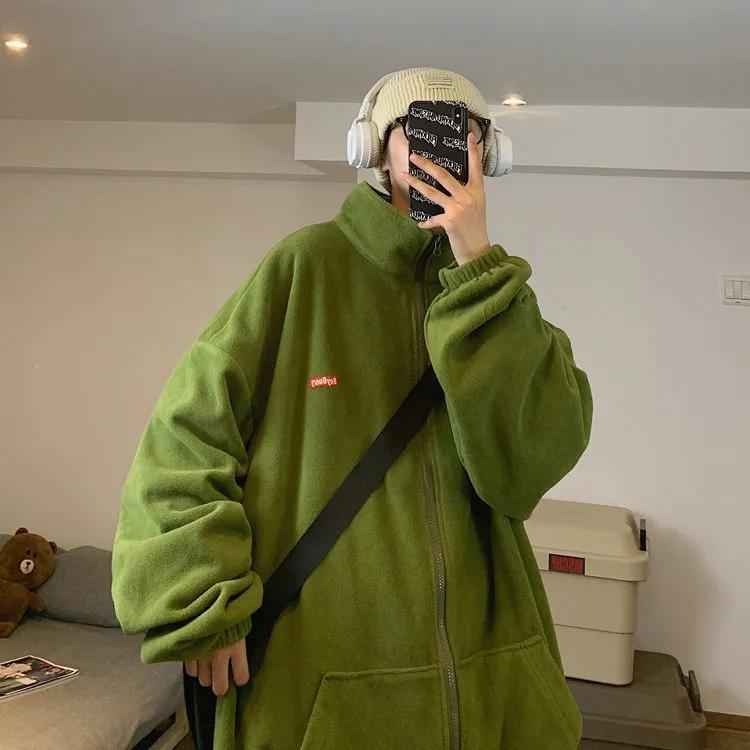 Women's Autumn and Winter Cardigan Sweater Ins Loose Korean BF Lazy Style Plus Velvet Thick Stand Collar Coat Unisex Warm Zipper Jacket