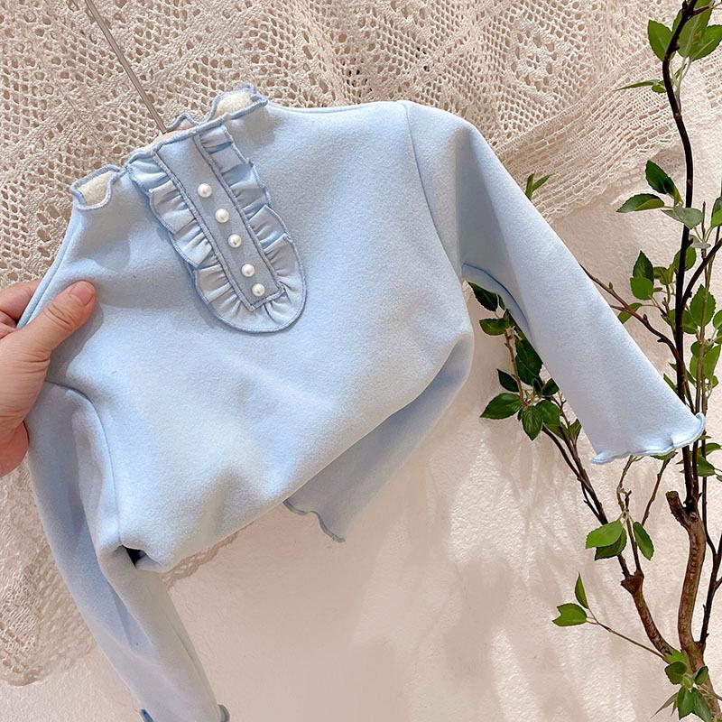 Korean Version of Autumn and Winter Girls Plus Velvet Thick Bottoming Shirt Solid Color All-in-one Velvet Top