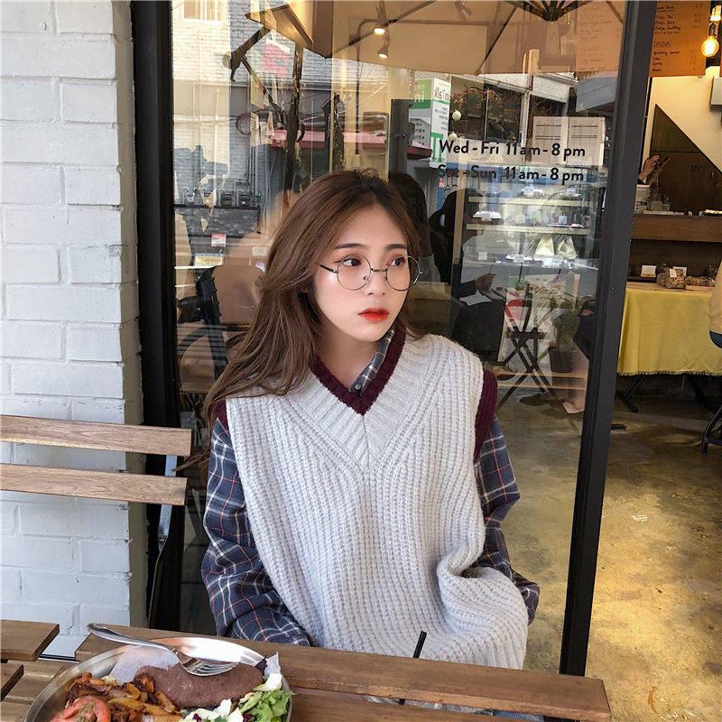 Pofulove Spring Autumn Korean Vest Knit Sweater V-neck Loose Vest Sweater Female Students Lazy Top