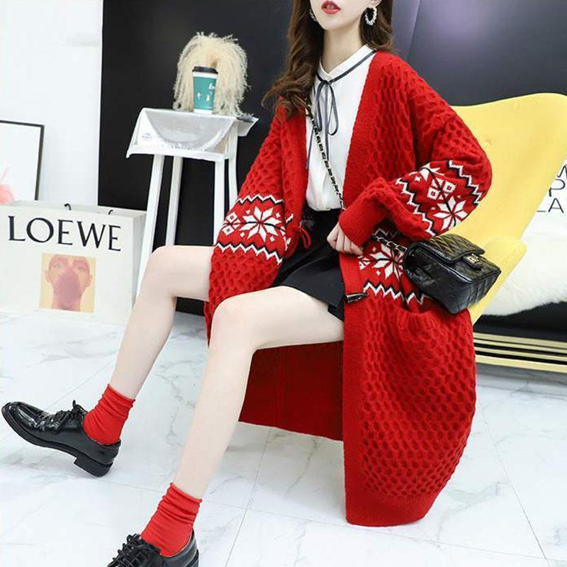 Autumn and Winter Leisure Wool Knit Sweater Loose Long Over The Knee Top Elegant Jacquard Pattern Sweater Coat