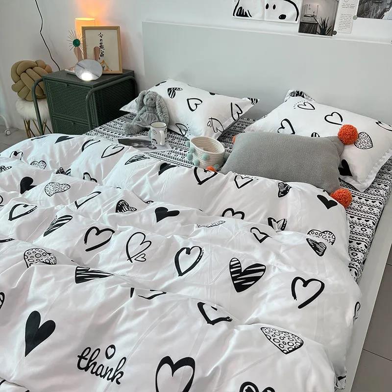 Modern Minimalist Korean Flower Print Bed Four-piece Girl Bedroom Bed Sheet Quilt Cover Student Dormitory Four-piece Set