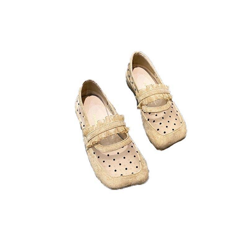 Spring and Summer Ballet Shoes Female Square Head Polka Dot Mesh Flat Mary Jane Shoes Fairy Style Lace Lace