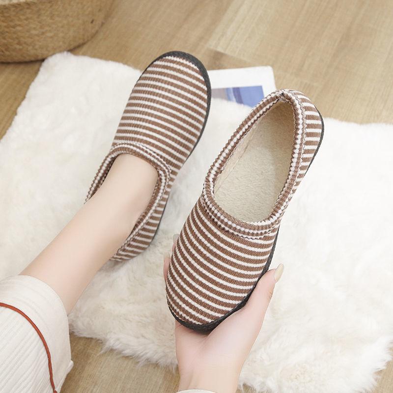 Winter Cotton Slippers Women's Cotton Shoes  Cute Stripes Indoor Cotton Shoes Non-slip Warmth Plush Low-top Shoes